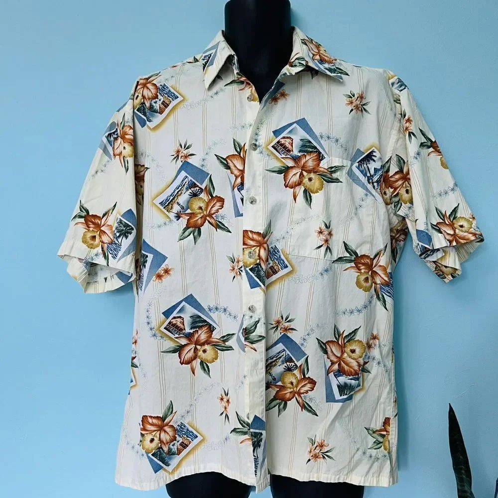 L Men's CAMPIA MODA Cotton Vintage Postcard Village Floral Hawaiian Shirt 0749